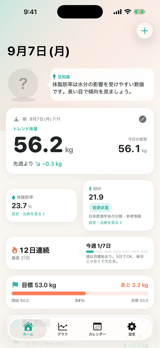 かるっと体重のホーム画面。トレンド体重 56.2kg、今日の実測 56.1kg、先週より −0.3kg と表示