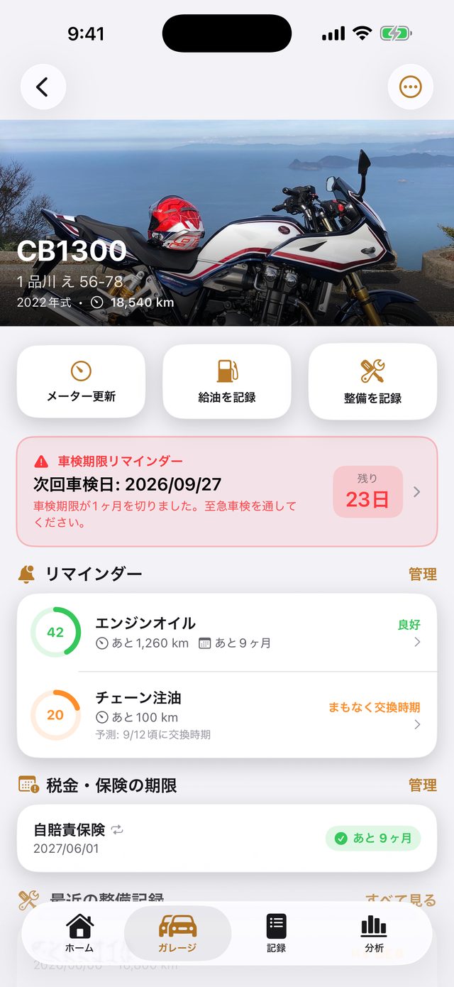 車両詳細画面。CB1300 の写真、次回車検日まで残り23日の赤い表示、エンジンオイルとチェーン注油のリングゲージ、自賠責保険の期限